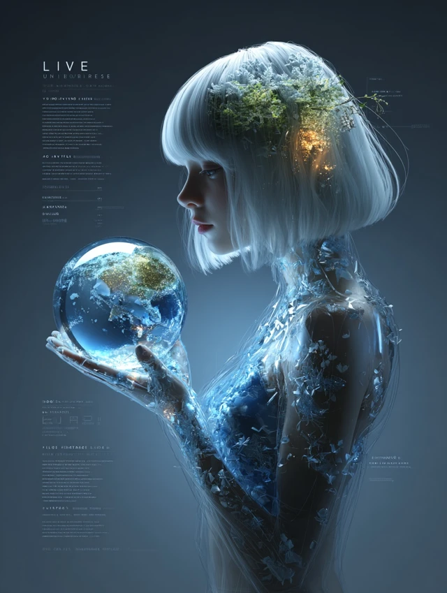 Cyborg Girl Holding Earth Universe Illustration