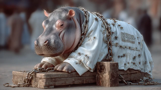 Hippopotamus in Shirt on Medieval Street