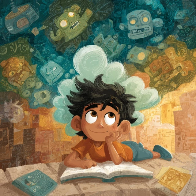 Hispanic Boy and his Imagination Creative Illustration