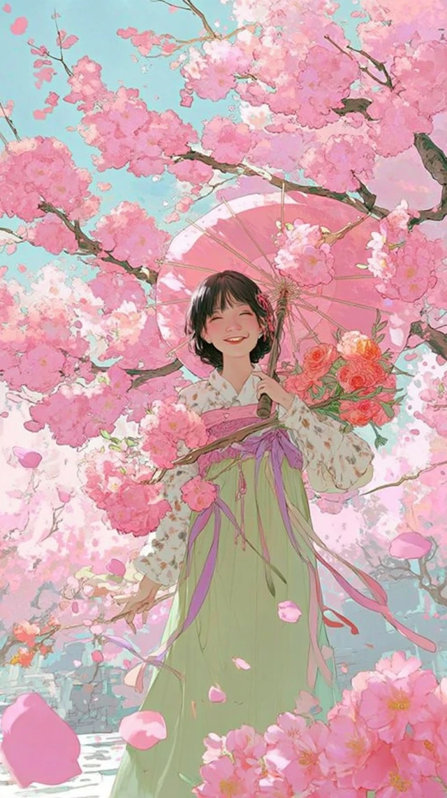 Anime Girl in Hanfu Cherry Blossoms Illustration