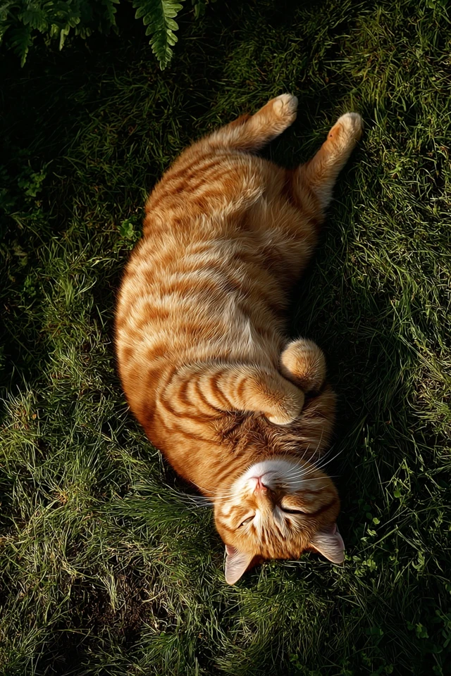 Ginger Cat Relaxing on Grass in Sunlight