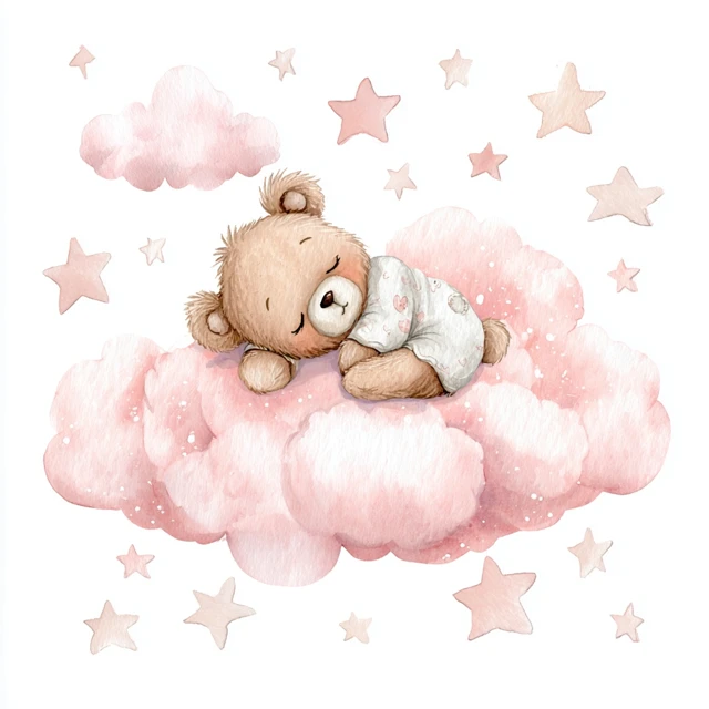 Baby Bear Sleeping on a Cloud Watercolor Art
