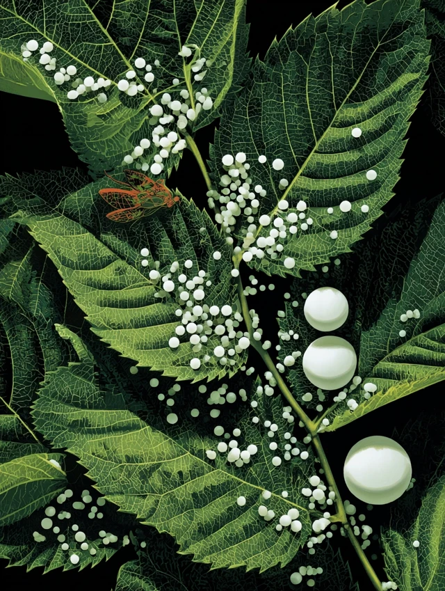 Green Leaves with White Insect Eggs Close Up