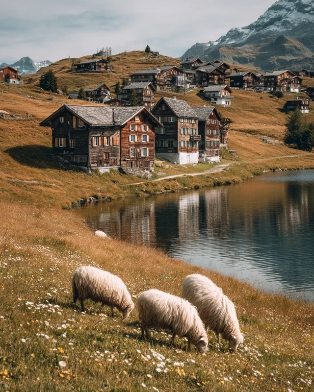 Alpine Village Lake Sheep Photography