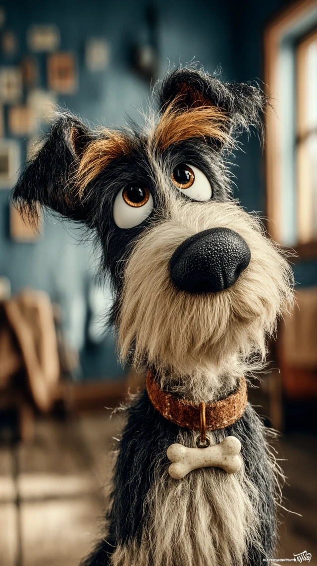 Pixar Style Cartoon Dog Staring at Bone
