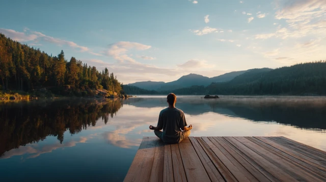 Yoga in Nature Peaceful Scene Calm Lake and Mountains