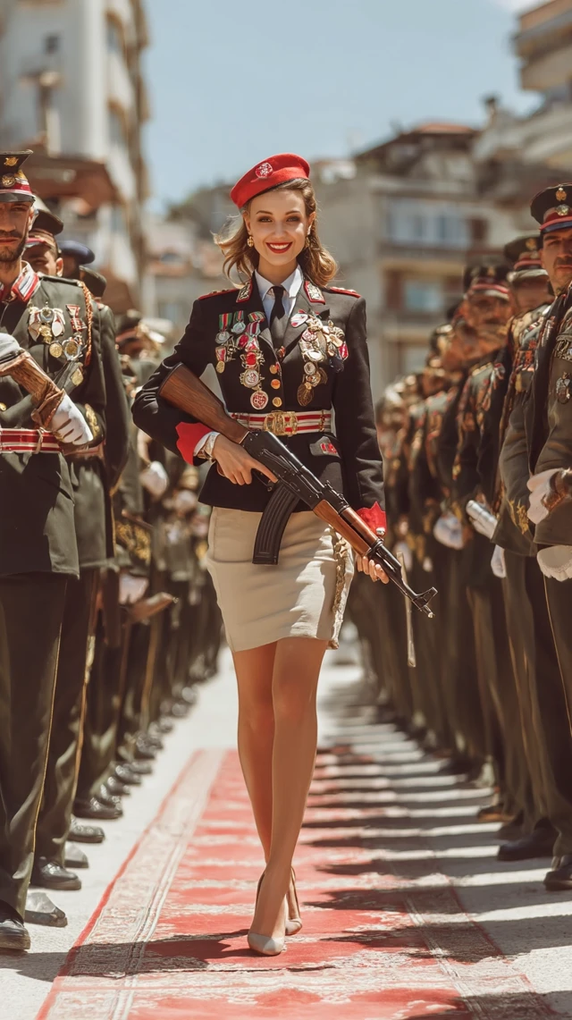 Albanian Woman in Uniform with AR15 on Parade