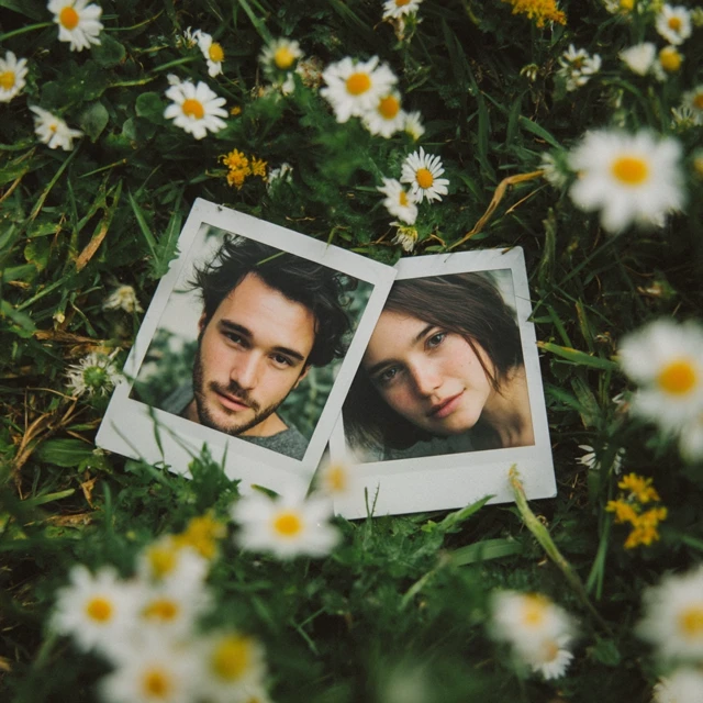 Couple Portraits on Polaroids in Flower Field