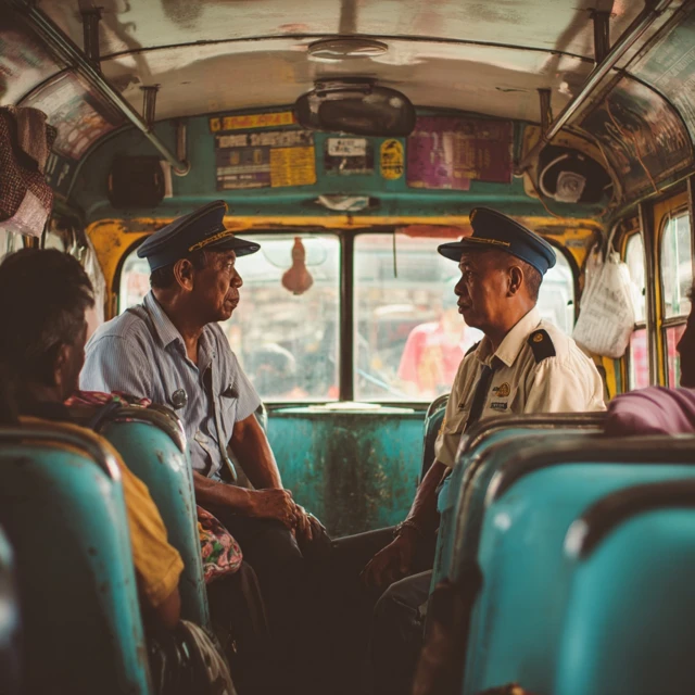 Bus Conductors Discussing Ticket Prices in the Philippines