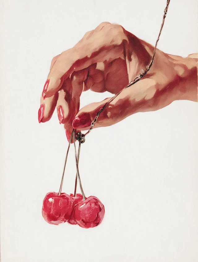 Vintage Pulp Art Hand Holding Cherries Close Up