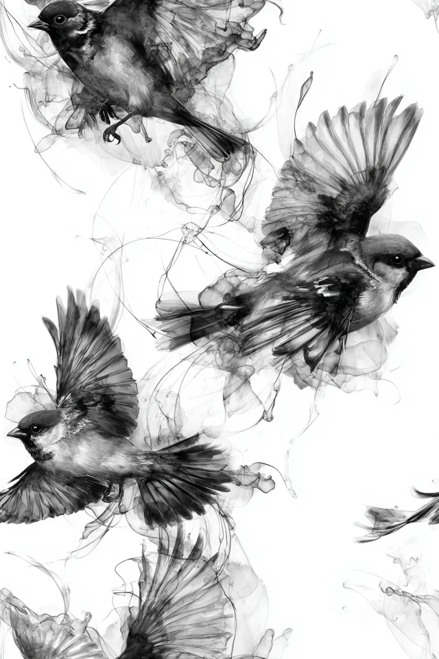 Flying Birds Alcohol Ink Art Greyscale Artistic