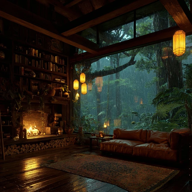 Cozy Cabin Interior Rainy Night Ambient Scene