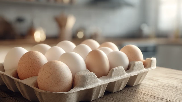 Fresh Chicken Eggs in a Cardboard Box