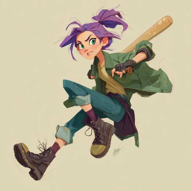 Cartoon Girl with Baseball Bat Dynamic Pose