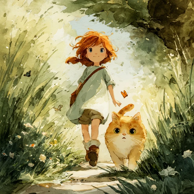 Ginger Cat and Girl Watercolor Illustration