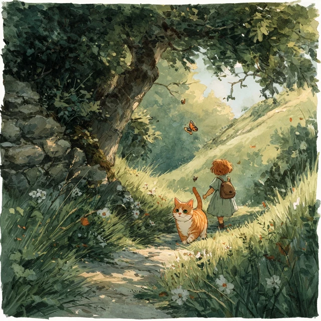 Ginger Cat and Girl Watercolor Illustration