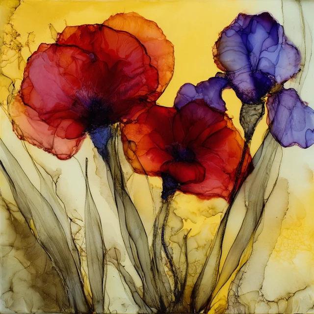 Red Poppies and Irises Abstract Painting