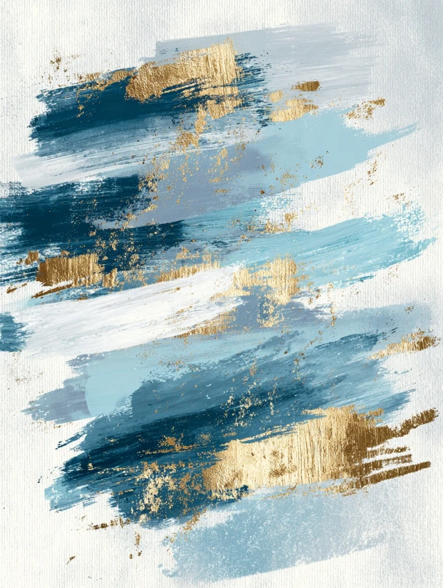 Abstract Brushstroke Art White Blue Gold Foil