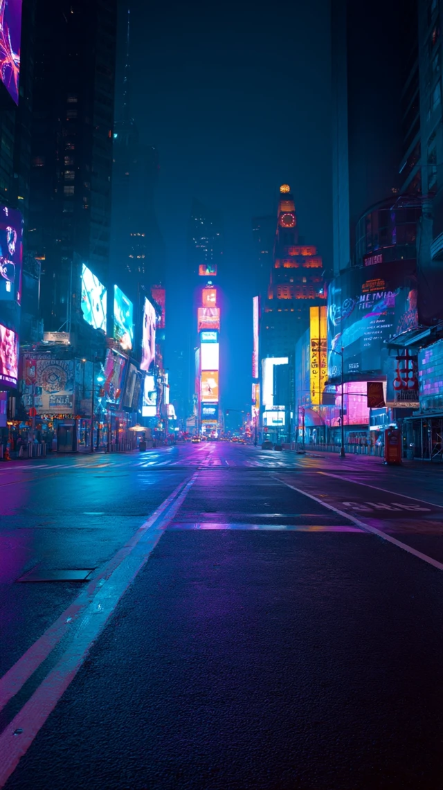 Empty Times Square at Night Neon Lights Reflections