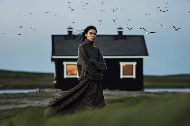 Woman in Sweater Escaping Cabin Dusk Landscape