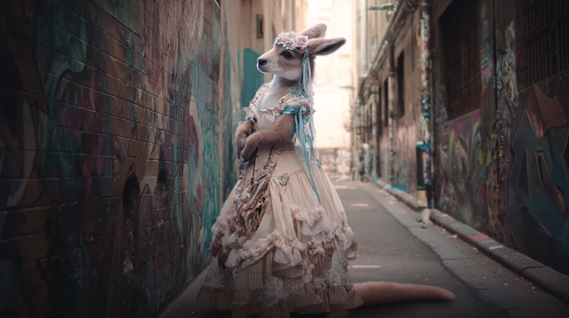 Kangaroo Woman in Vintage Dress Melbourne Alley