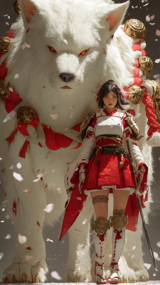 Japanese Warrior and Divine Wolf Guardian