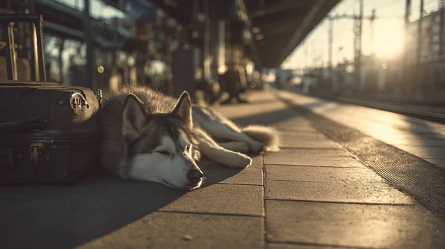 Lonely Husky at Train Station Stock Photo