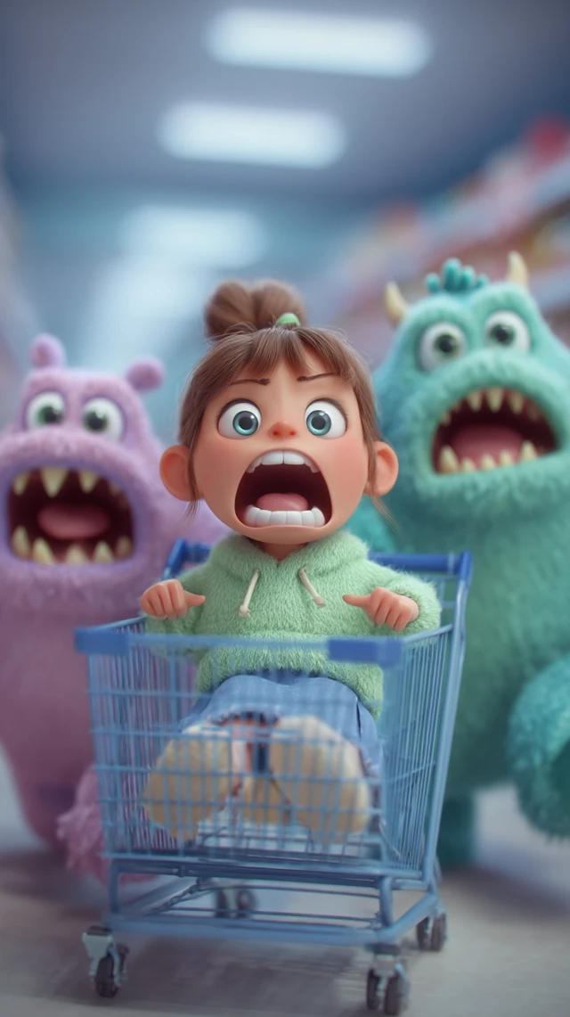 Girl in Shopping Cart Chased by Monsters 3D Cartoon