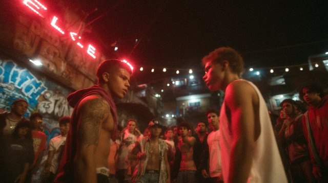 Favela Confrontation Neon Night Gritty Urban Scene