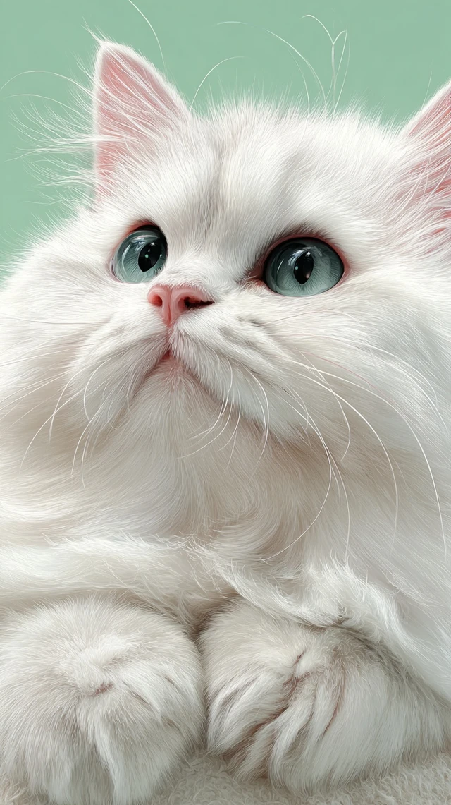 Adorable White Cat Portrait Fluffy Fur and Blue Eyes