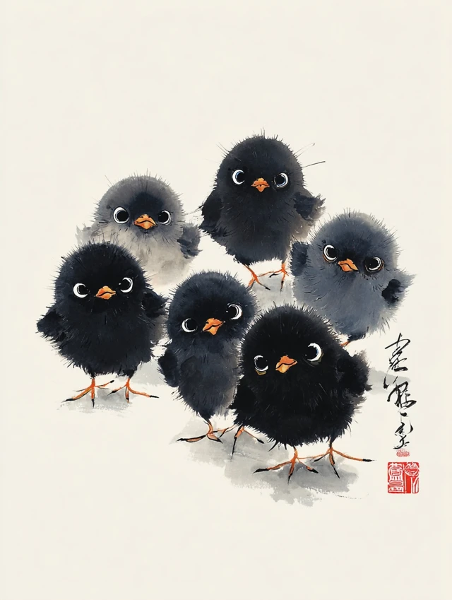 Whimsical Chicks Chinese Ink Painting