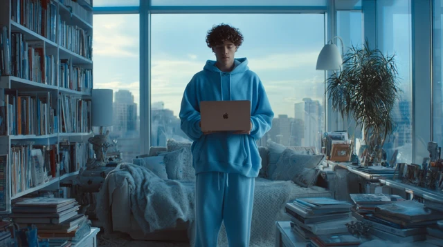 Gen Z in Oversized Blue Outfit with MacBook in Office