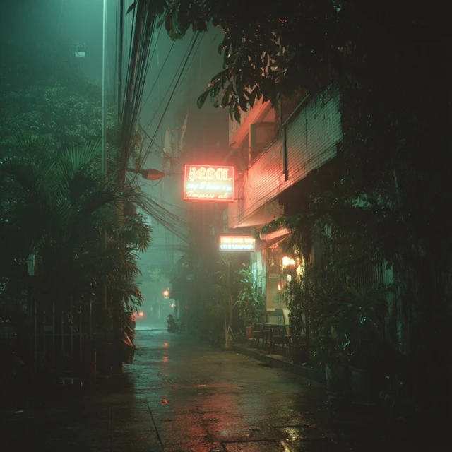 Bangkok Night Scene Neon Lights and Misty Atmosphere
