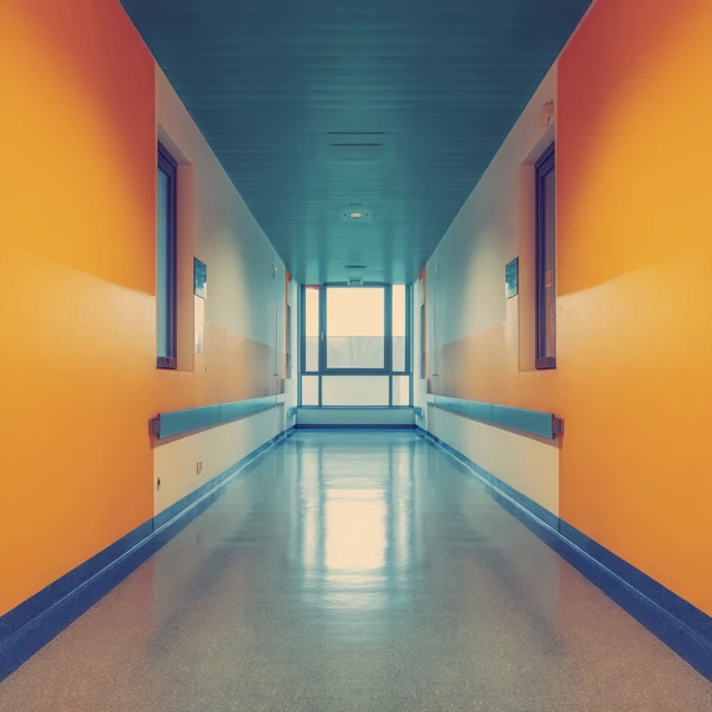 Modern Hospital Corridor in Orange and Blue