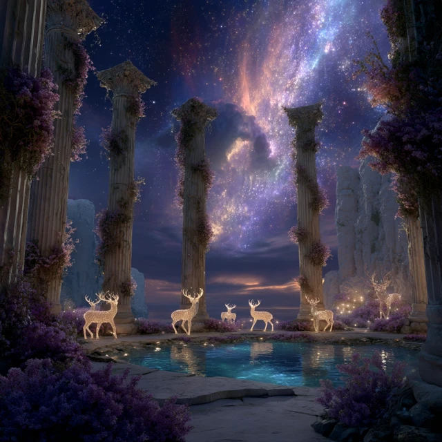 Mystical Ruins with Spirit Deer and Starry Sky