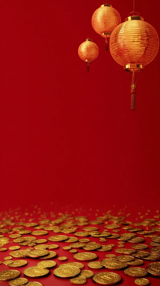 Lunar New Year Poster Golden Coins Red Background