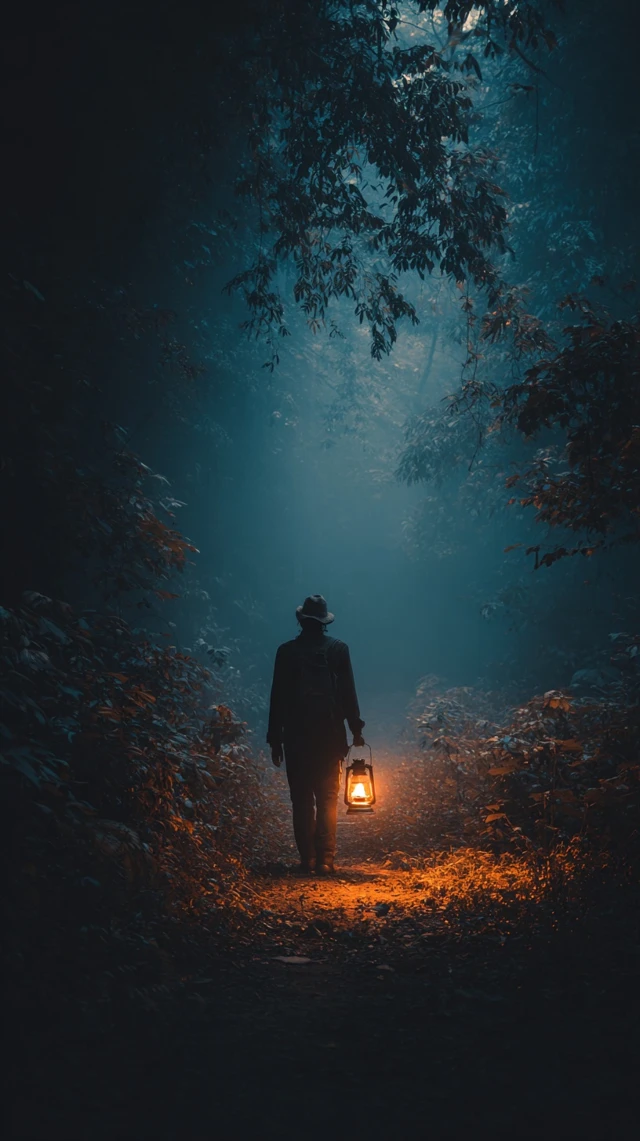 Person in Forest Holds Lantern Light Adventure