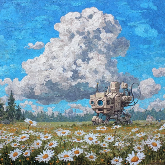 Fantastical SciFi Painting Cloud Daisies and Playful Machines
