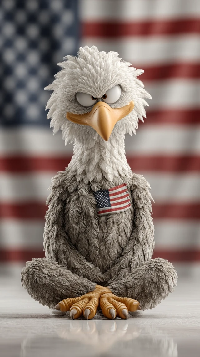 Cute Bald Eagle with American Flag 3D Illustration
