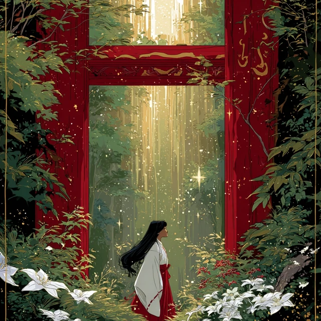 Japanese Miko Under Torii Gate Mystical Art