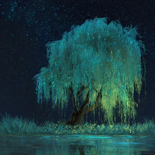 Willow Tree on a Starry Night Teal Backlighting