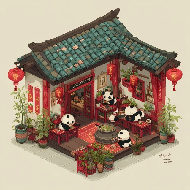 Cute Panda Hot Pot Restaurant Isometric Illustration