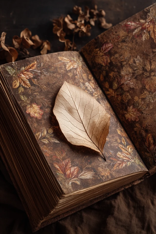 Vintage Book with Floral Design and Dried Leaf