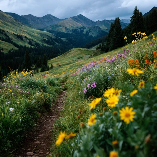 Colorado Mountain Trail View with Wildflowers