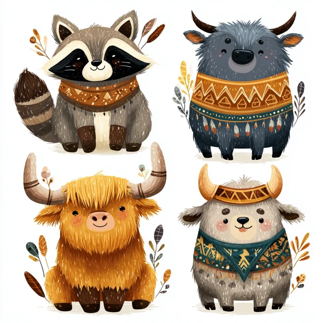 Cute Raccoon and Highland Cow Cartoon Clipart
