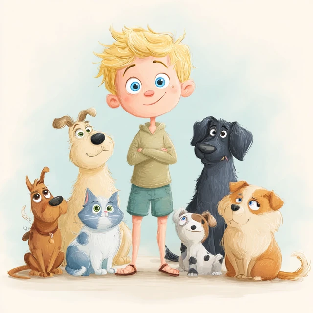 Cute Cartoon Boy and Animals Illustration