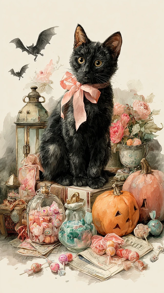 Halloween Black Cat and Pumpkins Watercolor