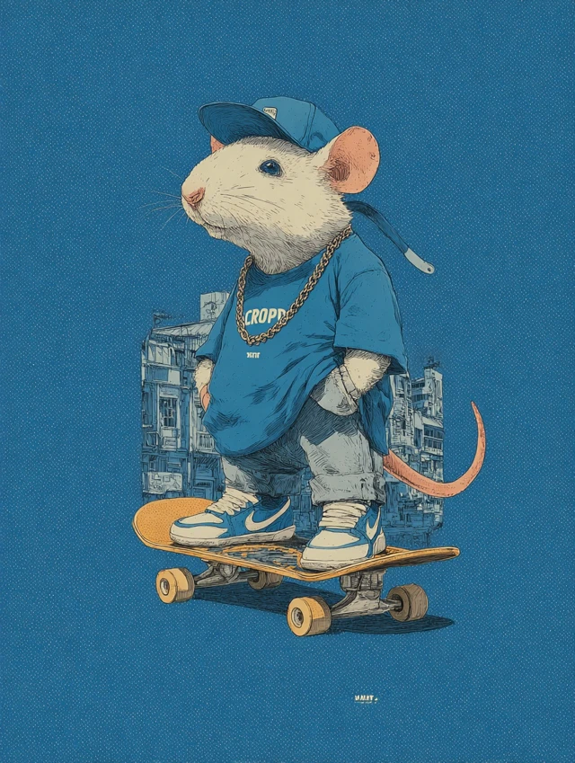 Retro Skateboarding Rat Mascot 1950s Comic Style