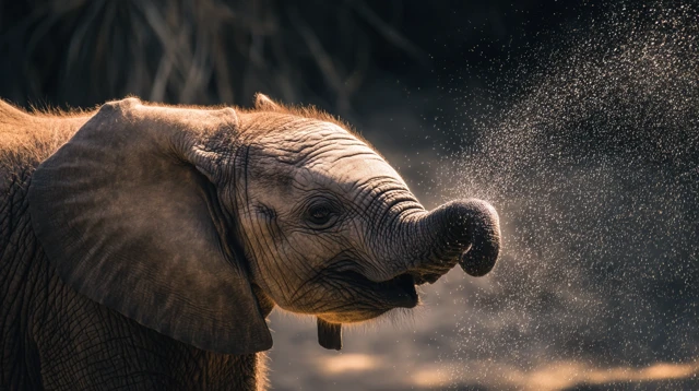 Baby Elephant Spraying Water Photography