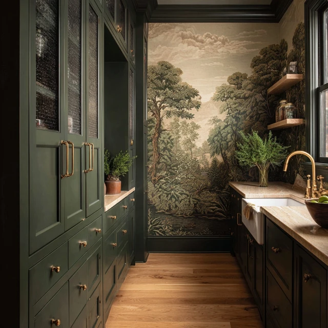 Elegant Pantry Design with Forest Wallpaper